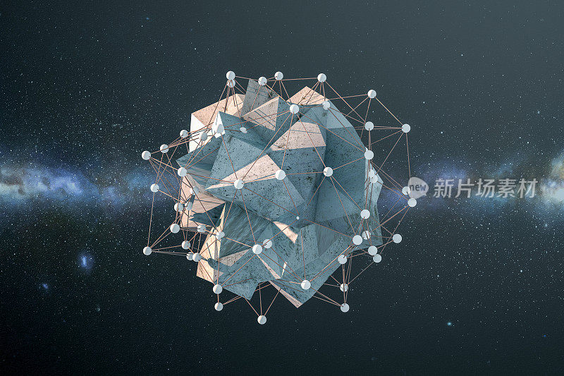 Global digital mesh network with low poly rock，区块链Concept